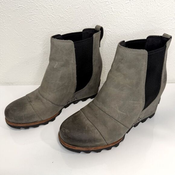 Sorel Lea Wedge Joan of Arctic Gray Leather Booties Size 7 VGUC - Picture 3 of 7